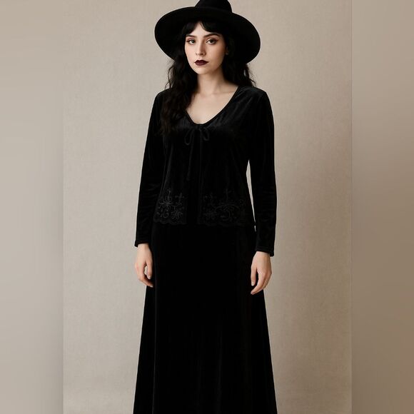 Studio I Dresses & Skirts - Vtg 90s Whimsigoth Black Velour Maxi Dress Set 12 Tie Front Topper Embroidery Ve
